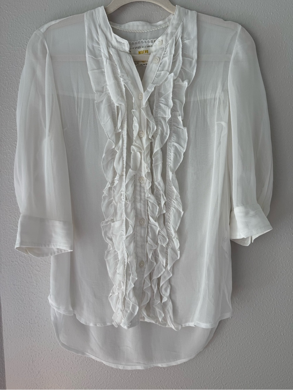 Anthropologie Maeve White Ruffle Front Button-Down Blouse